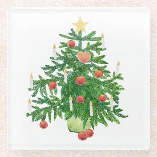 Vintage Christmas Tree with a Star White ガラスコースター (正面)