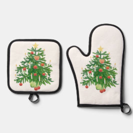 Vintage Christmas Tree with a Star White 鍋つかみ&鍋敷きセット