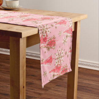 Vintage Christmas Trees Pink and Gold Pattern ショートテーブルランナー
