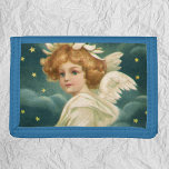 Vintage Christmas, Victorian Angel with Gold Stars ナイロン三つ折りウォレット<br><div class="desc">Vintage illustration religious Christmas holiday image featuring a Victorian angel. This angelic cherub has a halo of white feathers,  wings and is surrounded by golden stars and clouds in heaven.</div>