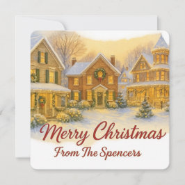 Vintage Christmas Village & Holly Photo シーズンカード