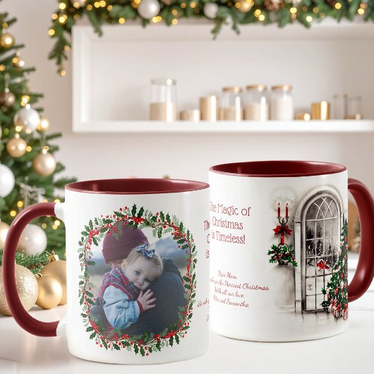 Vintage Christmas Window and Holly Photo Mug マグカップ