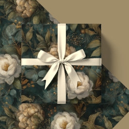 Vintage Christmas Winter Green and Cream Floral ラッピングペーパー
