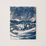Vintage Christmas, Winter Mountain Landscape ジグソーパズル<br><div class="desc">Vintage illustration Victorian Era Merry Christmas holiday design featuring a snowy winter season snowscape. Trees and mountains covered in snow with a village in the distance at sunrise. Happy Holidays and Season's Greetings!</div>