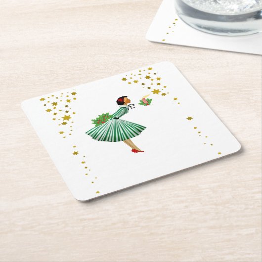 Vintage Christmas Woman blowing out a candle スクエアペーパーコースター (アングル)