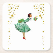 Vintage Christmas Woman blowing out a candle スクエアペーパーコースター (正面)