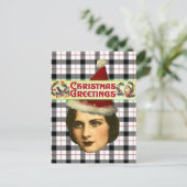Vintage Christmas Woman in Santa Hat ポストカード (スタンド正面)