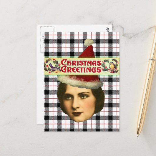 Vintage Christmas Woman in Santa Hat ポストカード (正面/裏面インサイチュ)