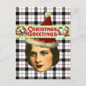Vintage Christmas Woman in Santa Hat ポストカード (正面)