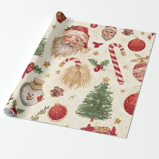 Vintage Christmas Wrapping Paper – Santa, Snowman ラッピングペーパー (アンロールド)