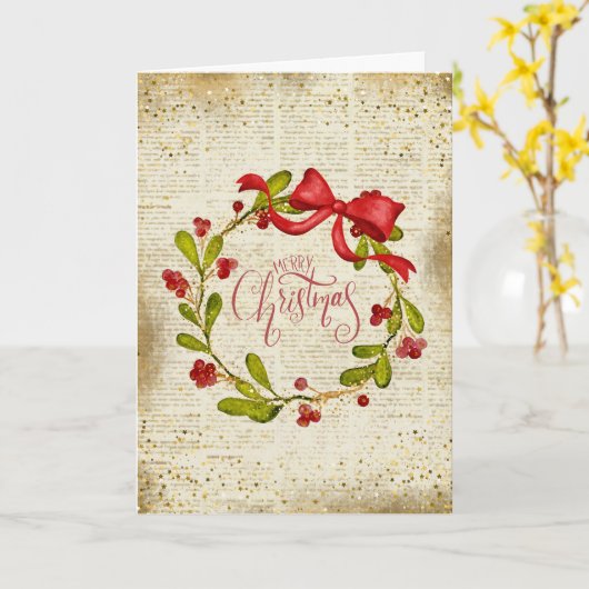 Vintage Christmas Wreath and Bow カード (黄色い花)