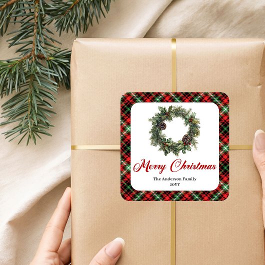 Vintage Christmas Wreath Sticker Custom Family スクエアシール