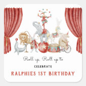 Vintage Circus Animals Red Drapes 1st Birthday スクエアシール (正面)