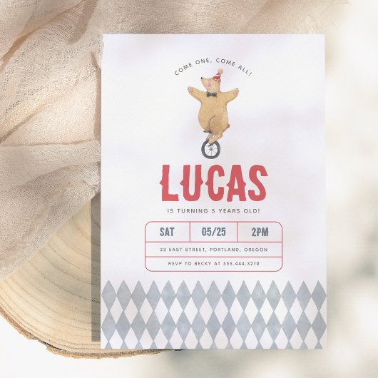 Vintage Circus Bear Boy Birthday Party 招待状