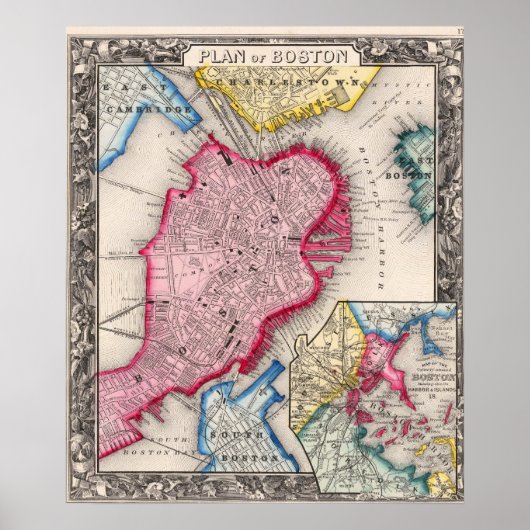 Vintage City Map of Boston 1860 ポスター (正面)
