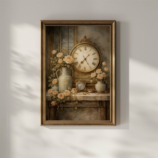 Vintage Clock and Roses ポスター