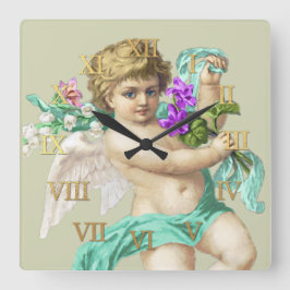 Vintage Clock Roman Numerals Cherub Aqua スクエア壁時計