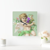 Vintage Clock Roman Numerals Cherub Green スクエア壁時計 (ホーム)