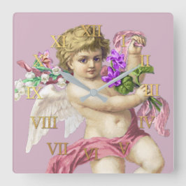 Vintage Clock Roman Numerals Cherub Pink スクエア壁時計