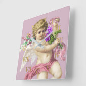 Vintage Clock Roman Numerals Cherub Pink スクエア壁時計 (傾斜)