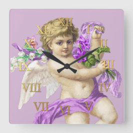 Vintage Clock Roman Numerals Cherub Purple スクエア壁時計