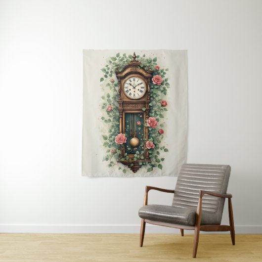 Vintage Clock Surrounded by Roses and Vines タペストリー (インサイチュ)