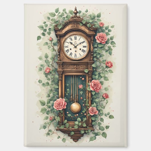 Vintage Clock Surrounded by Roses and Vines マグネット (正面)