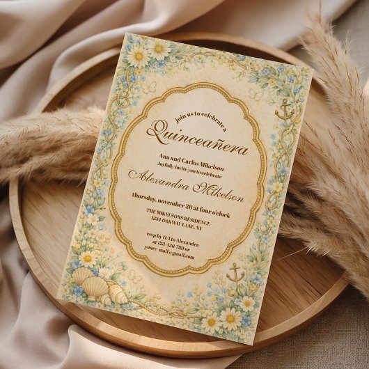 Vintage Coastal Daisy Quinceañera 招待状