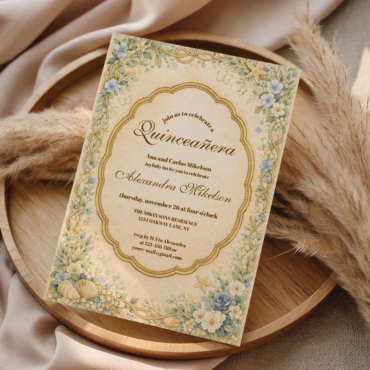 Vintage Coastal Garden Quinceañera 招待状