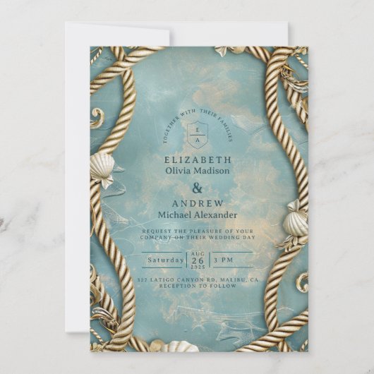 Vintage Coastal Rope Ocean Wedding 招待状 (正面)