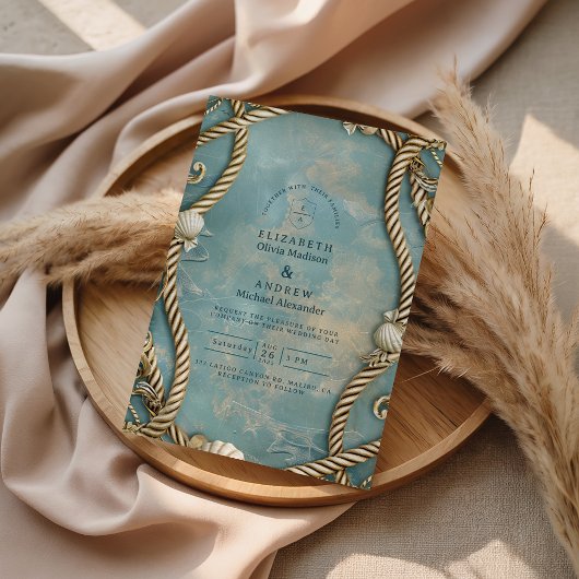Vintage Coastal Rope Ocean Wedding 招待状