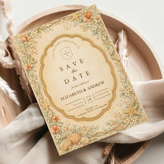 Vintage Coastal Seashell Garden Wedding セーブザデート
