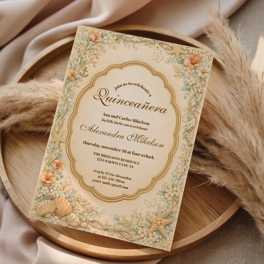 Vintage Coastal Seashell Quinceañera 招待状