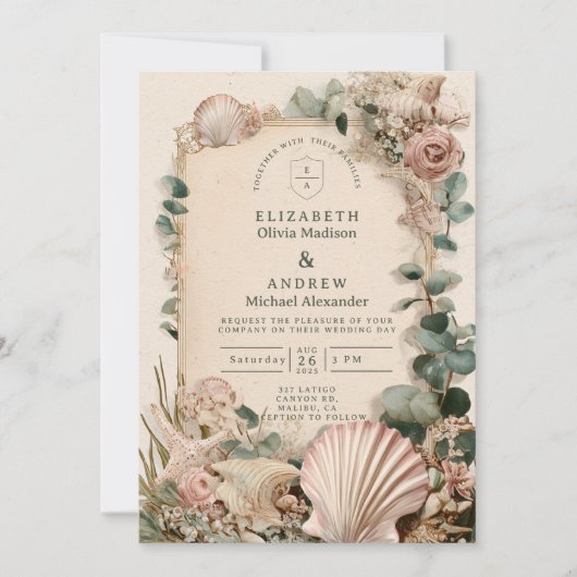 Vintage Coastal Shell Romance Wedding 招待状 (正面)