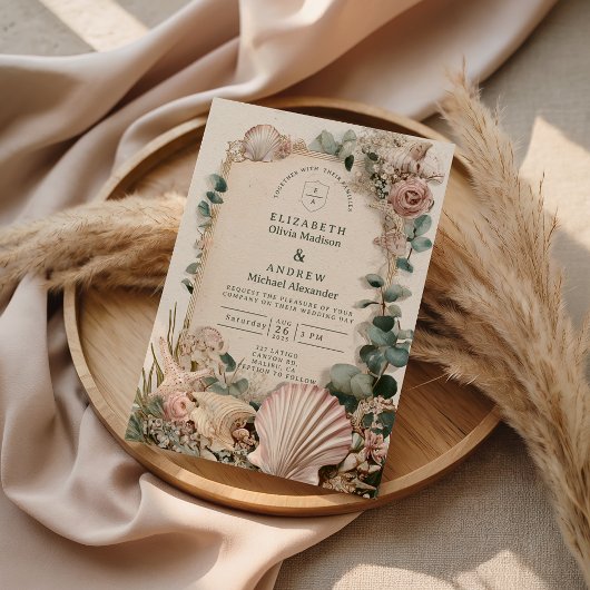 Vintage Coastal Shell Romance Wedding 招待状