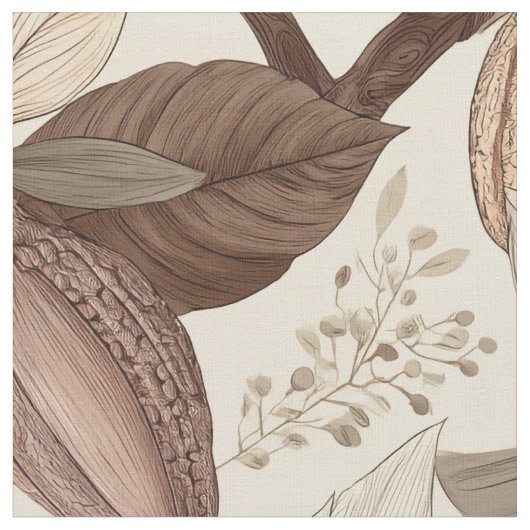 Vintage Cocoa Pods and Leaves Botanical Art ファブリック (クローズアップ)