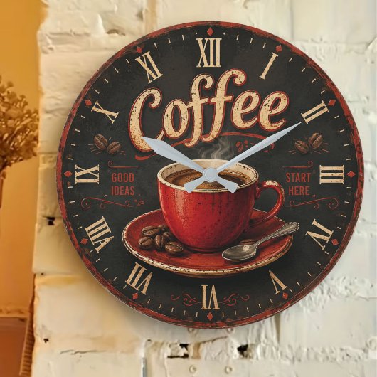 Vintage Coffee Good Ideas Start Here Rustic ラージ壁時計