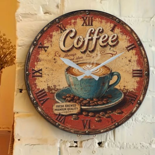 Vintage Coffee Rustic Latte Art ラージ壁時計