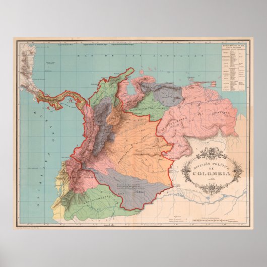 Vintage Colombia Map (1890) ポスター (正面)