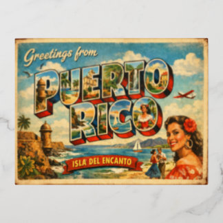 Vintage Colorful Retro Puerto Rico Isla Del 箔シーズンポストカード