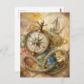 Vintage Compass Nautical Sailing Ocean Adventure ポストカード (正面/裏面)