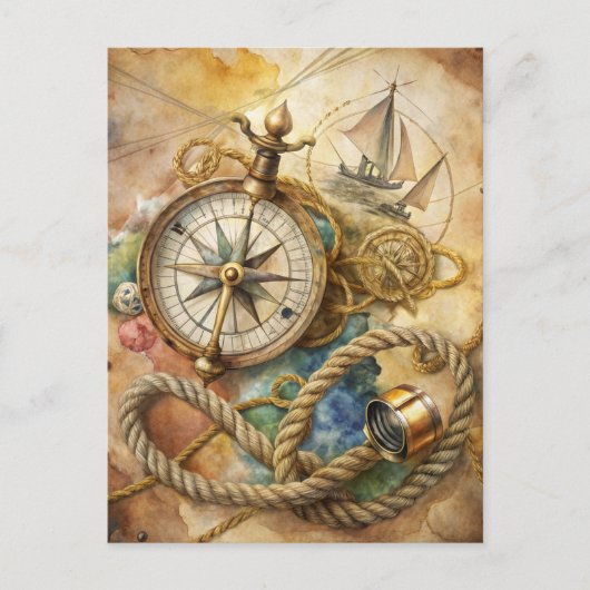 Vintage Compass Nautical Sailing Ocean Adventure ポストカード (正面)