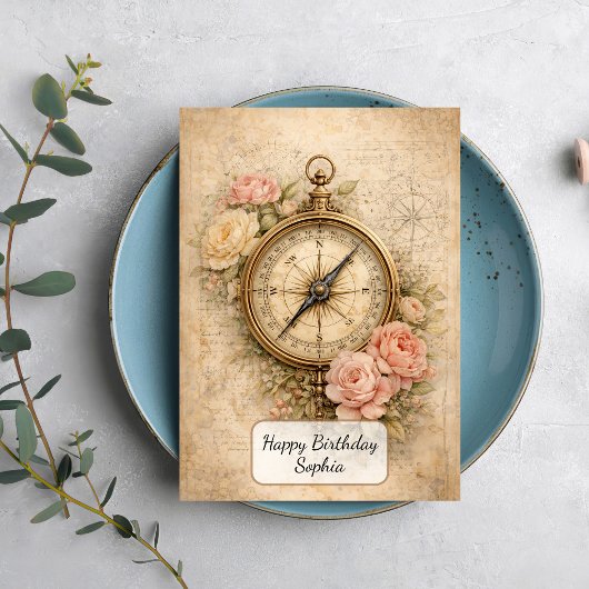 Vintage Compass with Roses カード