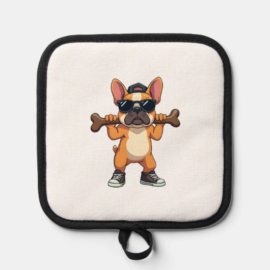 Vintage Cool French Bulldog Carrying Bone Cartoon  鍋敷き (正面)