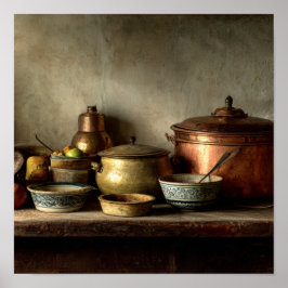 Vintage Copper Pots & Ceramic Bowls - Kitchen ポスター
