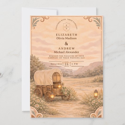 Vintage Covered Wagon Meadow Wedding 招待状 (正面)