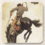 Vintage Cowboy, Bronco Buster Study by NC Wyeth コースター<br><div class="desc">Vintage illustration American West fine art painting featuring a pioneer cowboy riding on a wild bucking bronco horse in a rodeo. Study of a Bronco Buster by NC Wyeth. 1902.</div>