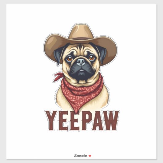 Vintage Cowboy Pug YeePaw Western Dog Illustration シール (シート)