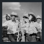 Vintage Cowgirl and Cowboy Photograph ポスター<br><div class="desc">Vintage Cowgirl and Cowboy Photograph.  Cowgirl drinking a soda pop while watching rodeo,  Montana western life 1930s. Fantastic black and white photo suitable for home décor,  restaurant,  office,  mancave and dorm room.</div>