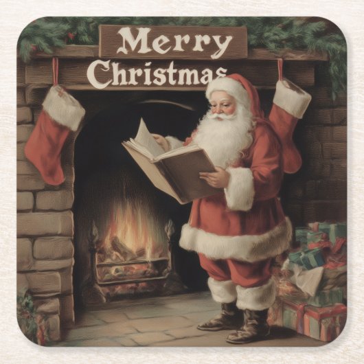 Vintage Cozy Christmas Santa スクエアペーパーコースター (正面)